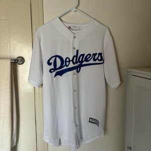 White Dodgers jersey with blue lettering